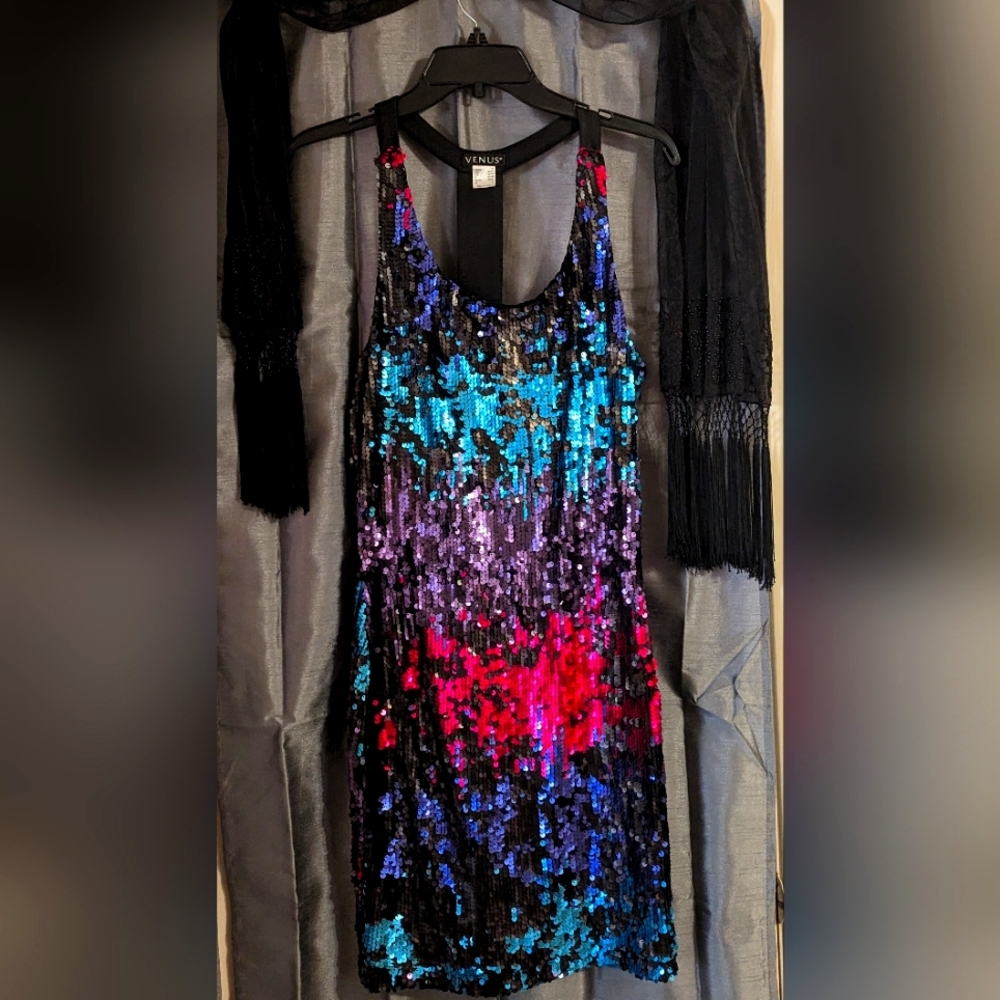 NWT Venus Mermaid Rainbow Sequined mini dress, size Medium.